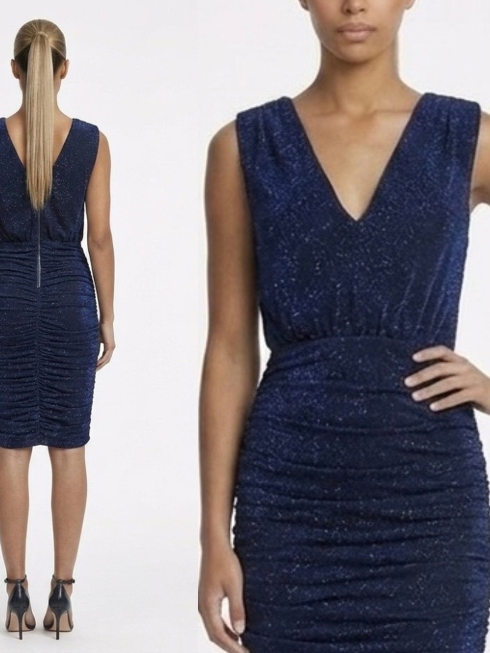 NWT Alice & Olivia  Bodycon Dress Ruched S Shimmering Metallic  Stretch   $297